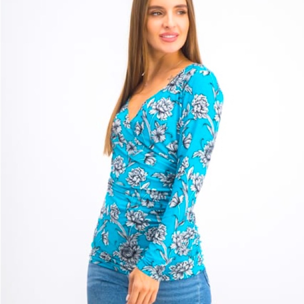 I.N.C International concepts Ruched Faux Wrap Deep V-Neck Floral Top M